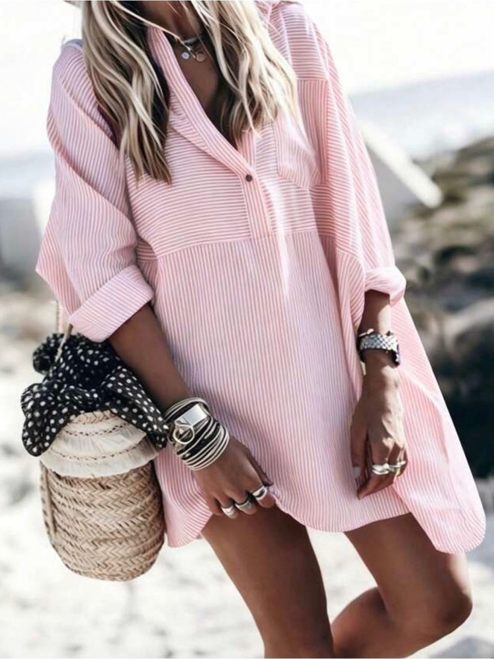 Women’s Pink Striped Long Sleeve Casual Dress